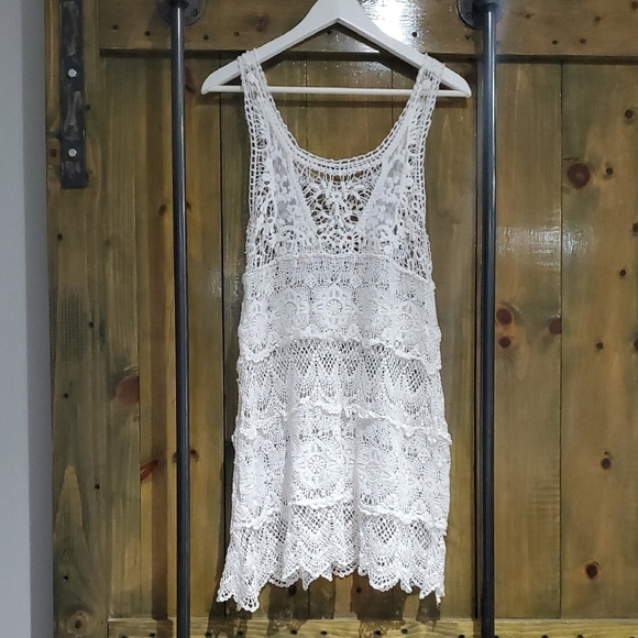 Dulcie Elegant White Lace Knit Crochet Tiered Dress - Picture 5 of 6